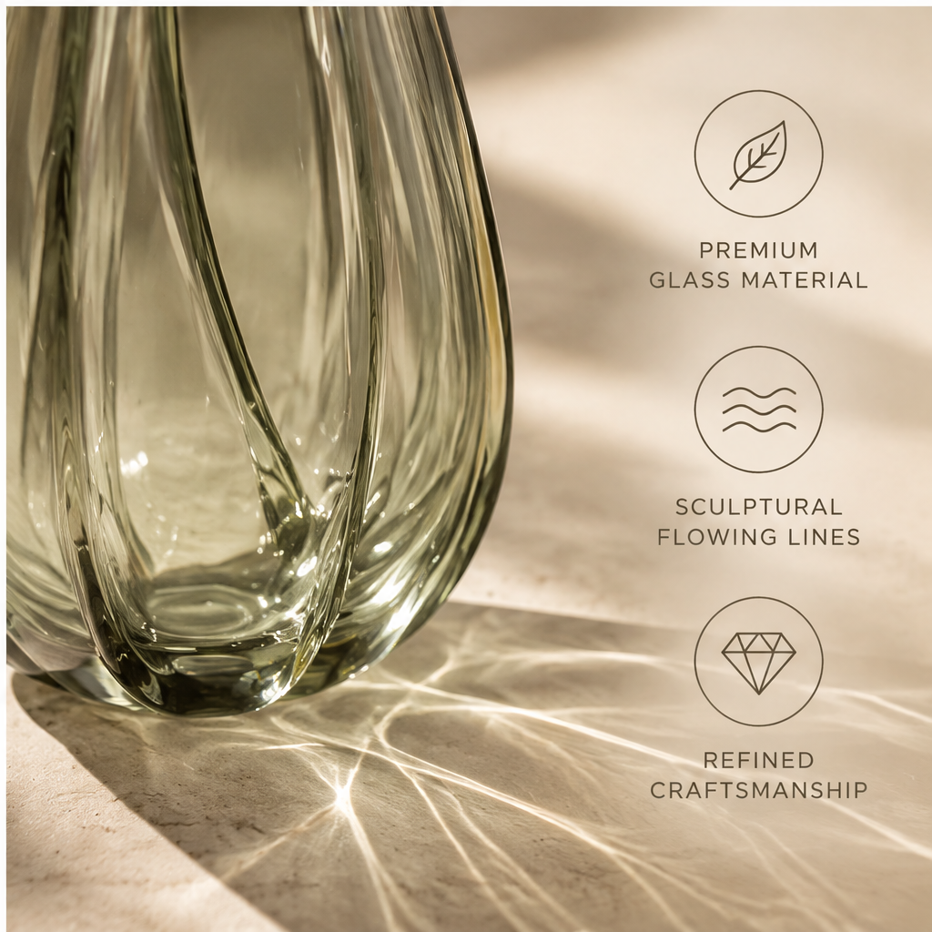 FORMIQI tulip glass vase premium glass material, sculptural flowing lines and refined craftsmanship feature icons