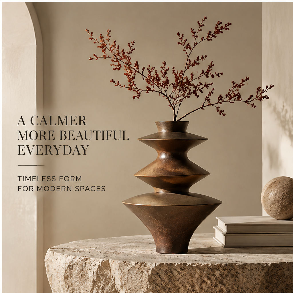 FORMIQI bronze stacked disc vase thoughtful details close-up showing rich texture and lasting material