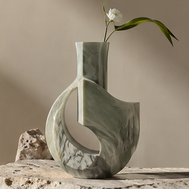 FORMIQI sage green marble geometric loop vase with white flower on stone surface, clean background