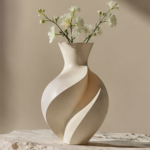 FORMIQI ivory spiral-twist geometric ceramic vase with white flowers on stone surface, clean background