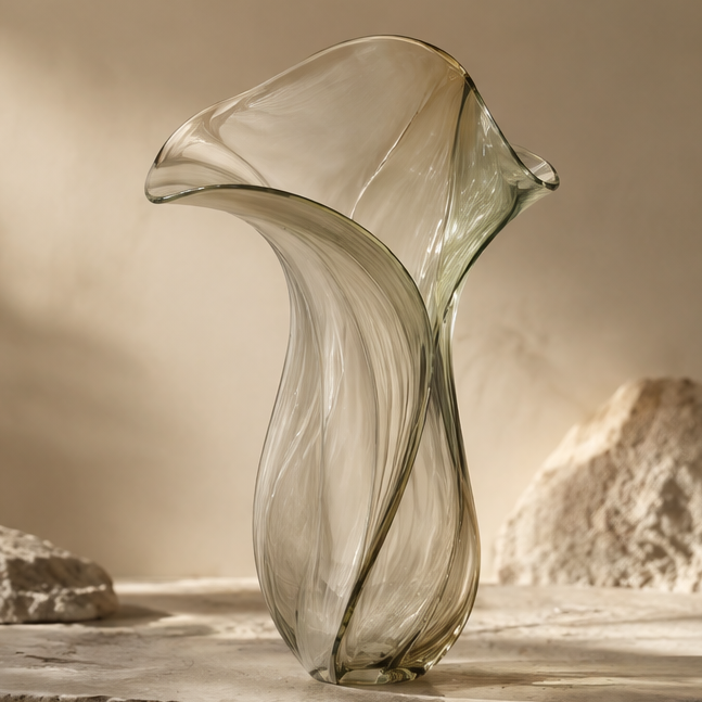 FORMIQI olive green calla-lily fluid-curve sculptural glass vase on stone surface with rock backdrop, clean background