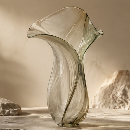 FORMIQI olive green calla-lily fluid-curve sculptural glass vase on stone surface with rock backdrop, clean background