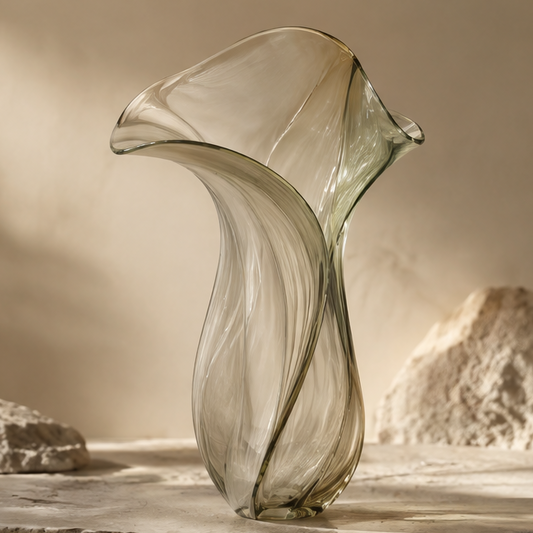 FORMIQI olive green calla-lily fluid-curve sculptural glass vase on stone surface with rock backdrop, clean background