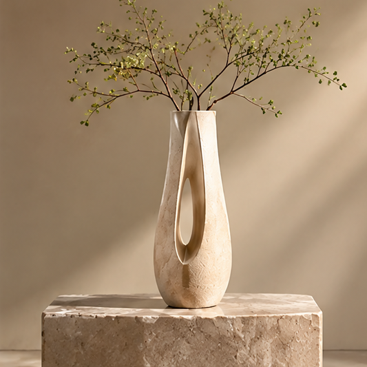 FORMIQI tall arch-cut sculptural vase with dried branches on stone plinth, clean background