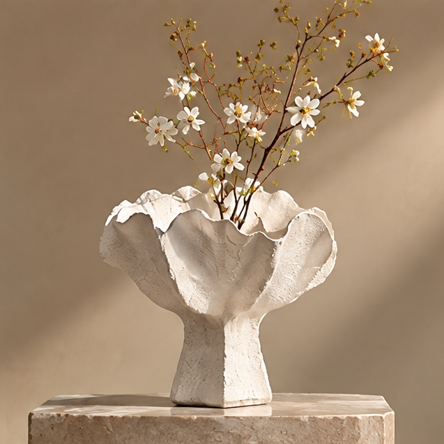 FORMIQI white coral crown open-form sculptural vase on marble surface