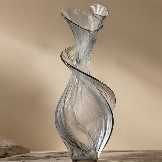 FORMIQI smoke grey hand-blown spiral-ribbon sculptural glass vase on stone surface, clean background