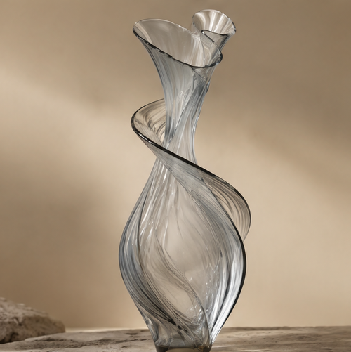 FORMIQI smoke grey hand-blown spiral-ribbon sculptural glass vase on stone surface, clean background