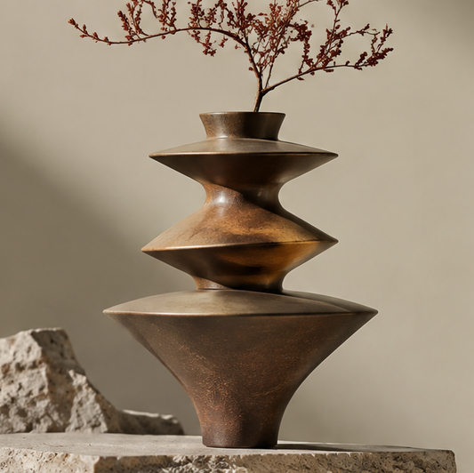 FORMIQI antique bronze triple-disc stacked geometric metal vase with dried red branches on stone surface, clean background