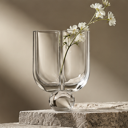 FORMIQI crystal clear twin-tube geometric glass vase with white flowers on stone surface, clean background