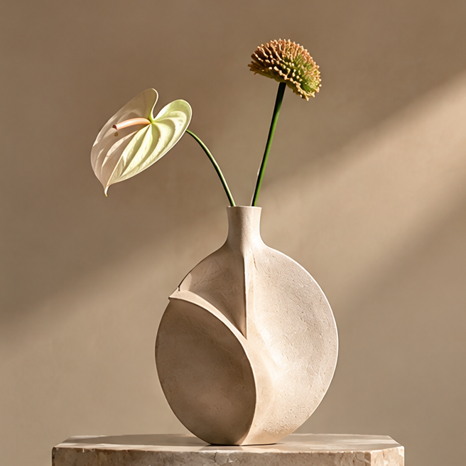FORMIQI sand beige disc-cut sculptural vase with anthurium on stone plinth, clean background