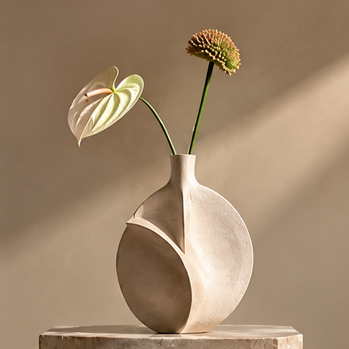 FORMIQI sand beige disc-cut sculptural vase with anthurium on stone plinth, clean background