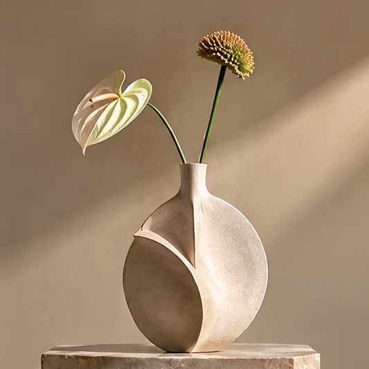 FORMIQI sand beige disc-cut sculptural vase with anthurium on stone plinth, clean background
