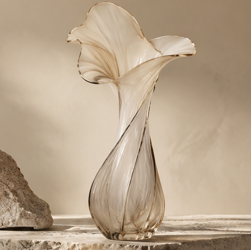 FORMIQI champagne gold wide-petal bloom fluid art glass vase on stone surface with rock, clean background