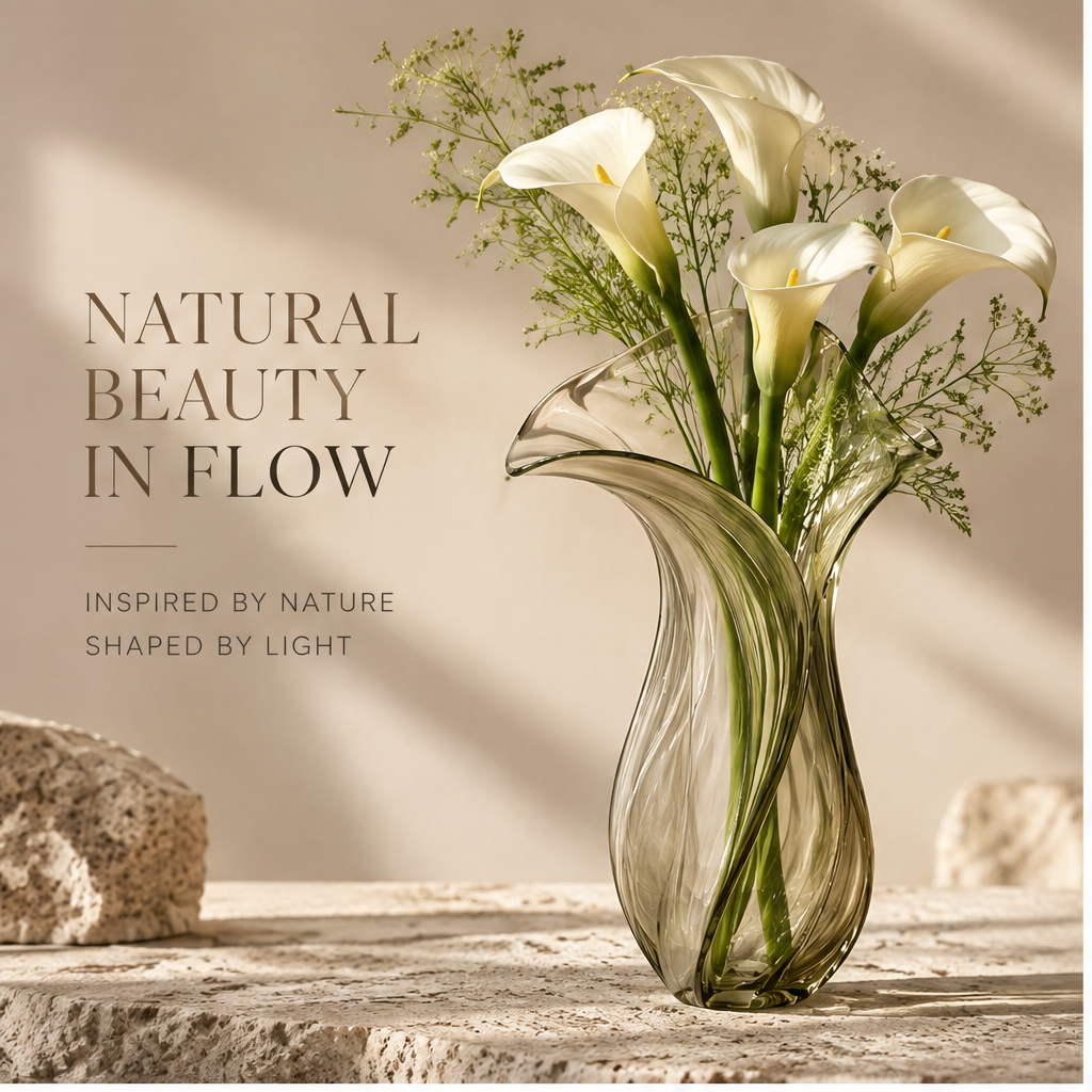 FORMIQI olive green glass vase natural beauty in flow, styled with white calla lilies and gypsophila on stone