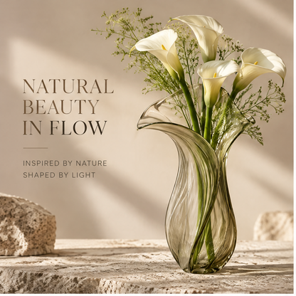 FORMIQI olive green glass vase natural beauty in flow, styled with white calla lilies and gypsophila on stone