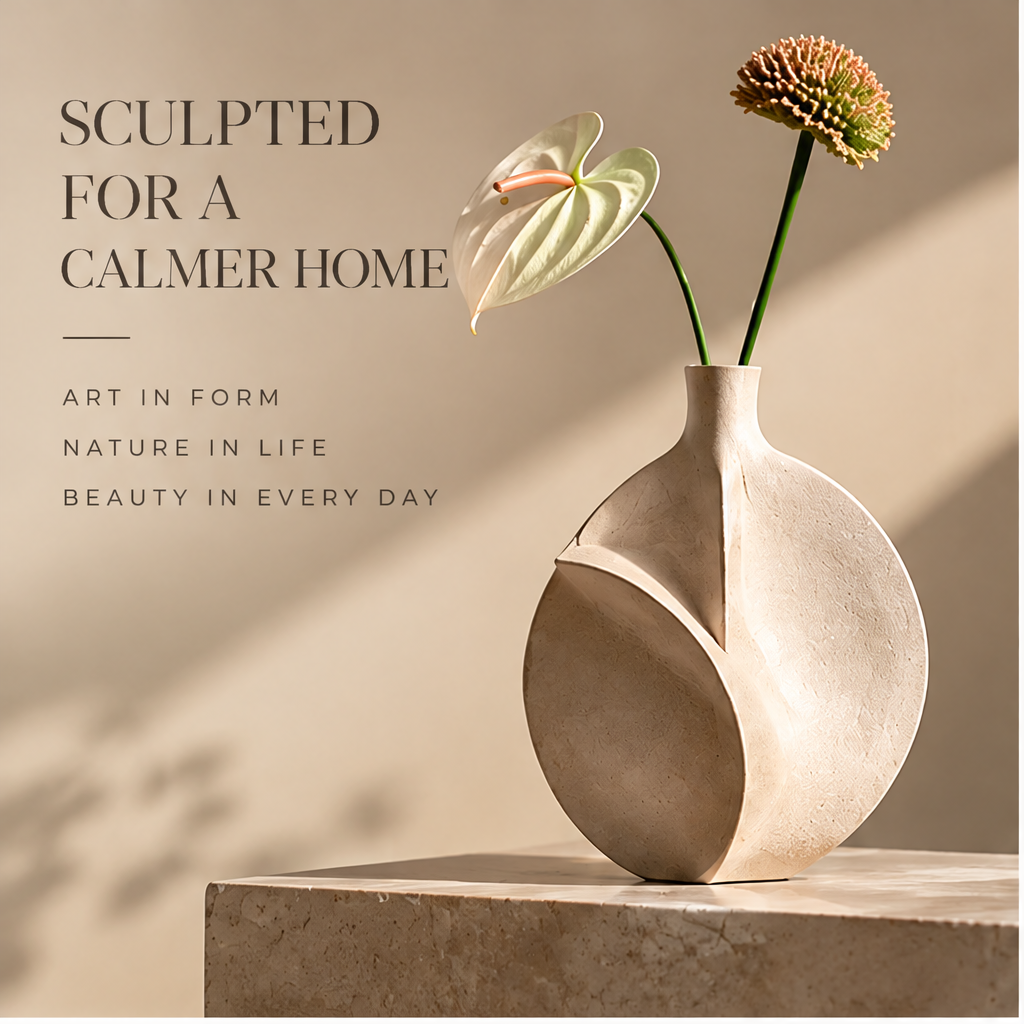 FORMIQI disc-cut vase styled with anthurium and dried flower in modern living room