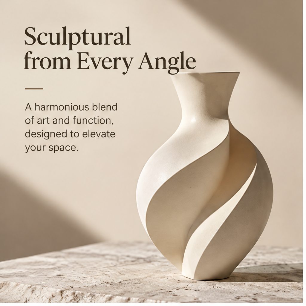 FORMIQI spiral-twist vase elevates any space, styled with white blooms and Kinfolk books