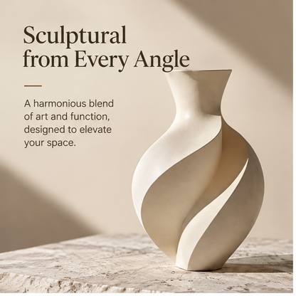 FORMIQI spiral-twist vase elevates any space, styled with white blooms and Kinfolk books