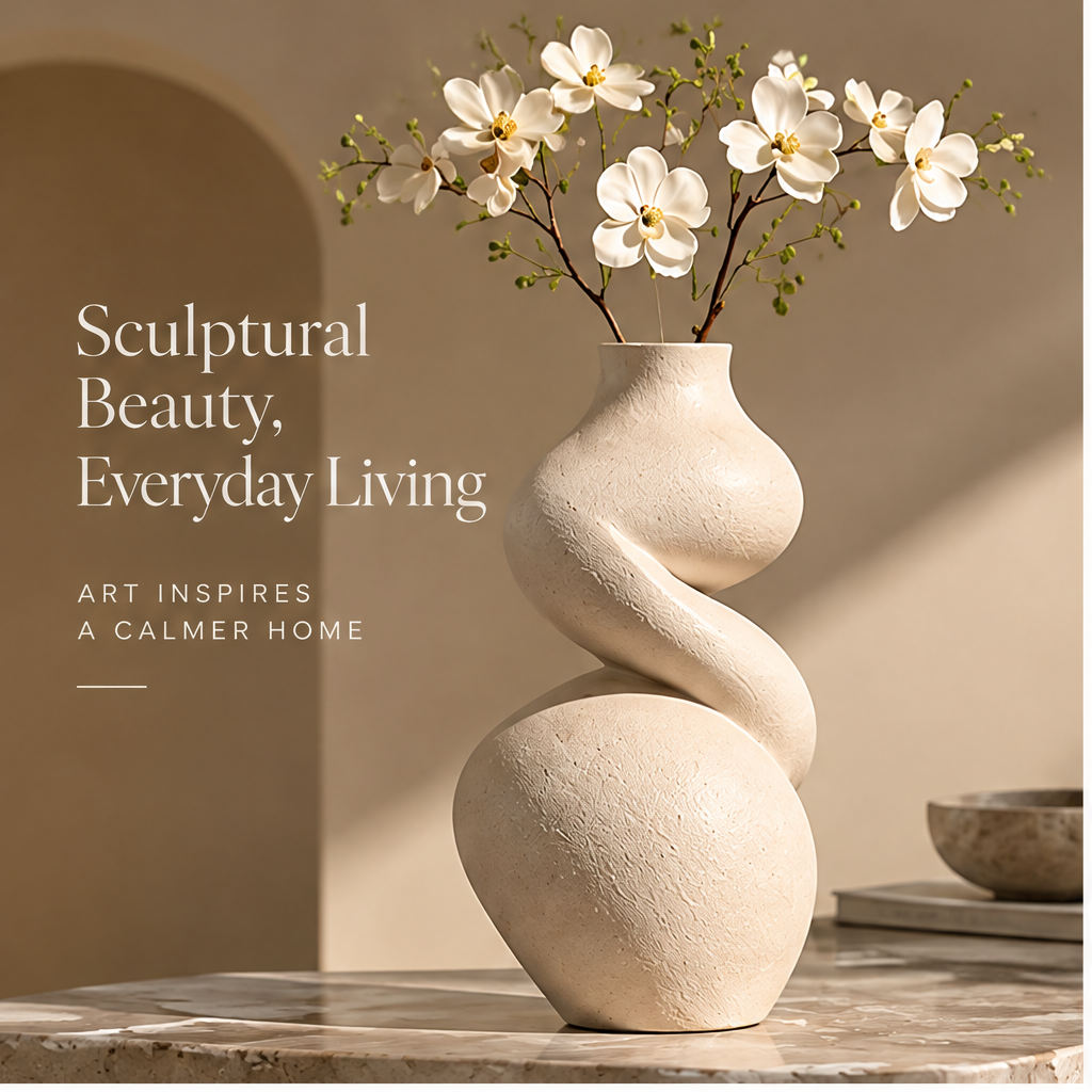 FORMIQI twisted sculptural vase styled in soft living room setting with olive branches
