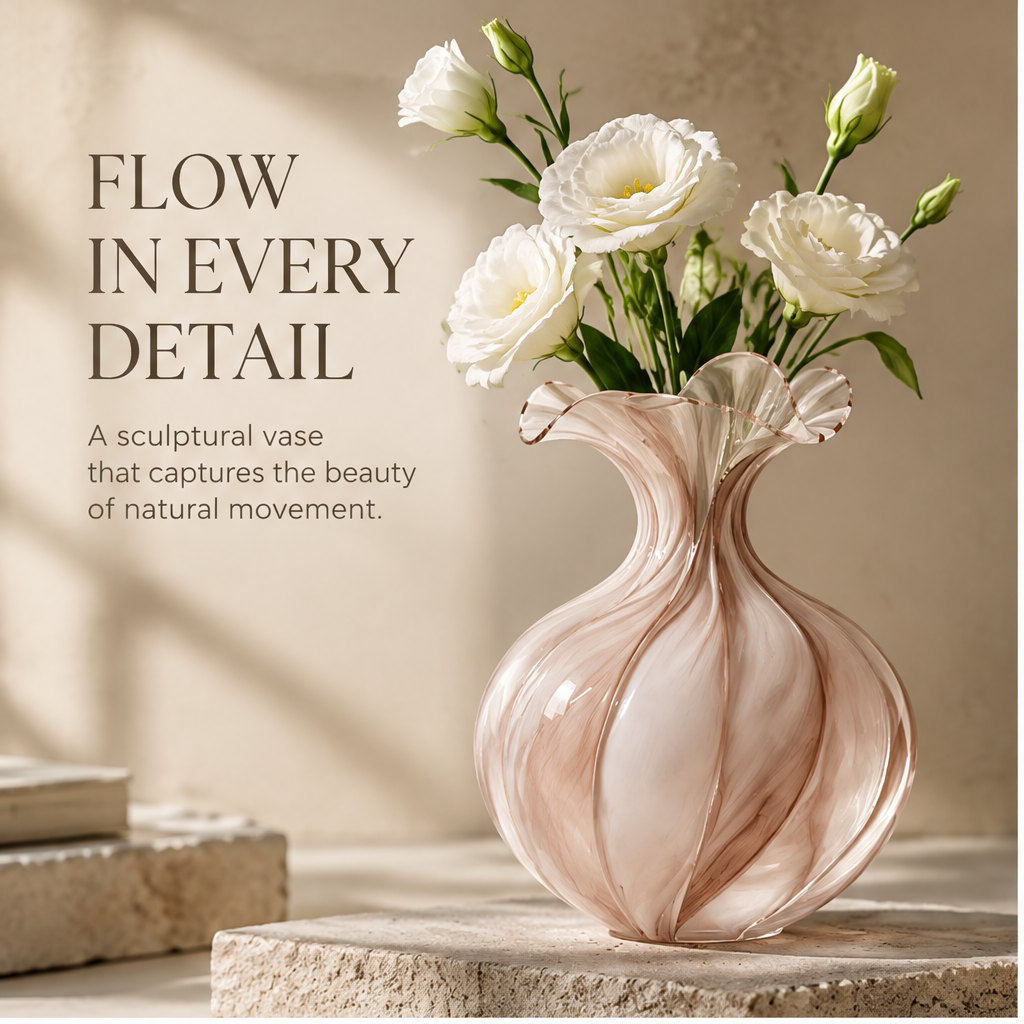 FORMIQI rose blush glass vase flow in every detail, styled with white eustoma flowers on stone plinth