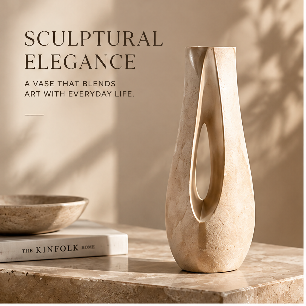 FORMIQI arch-cut vase with dried branches in warm natural light, sculptural elegance