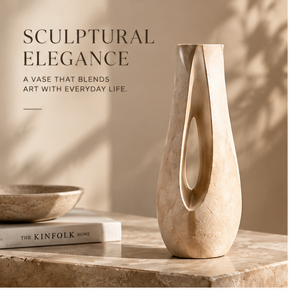 FORMIQI arch-cut vase with dried branches in warm natural light, sculptural elegance