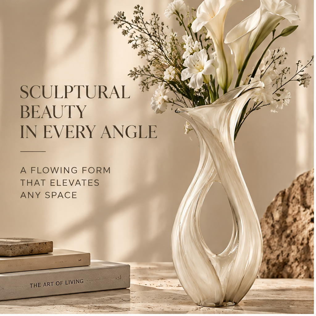 FORMIQI pearl white twist vase sculptural beauty in every angle, styled with white calla lilies and botanicals