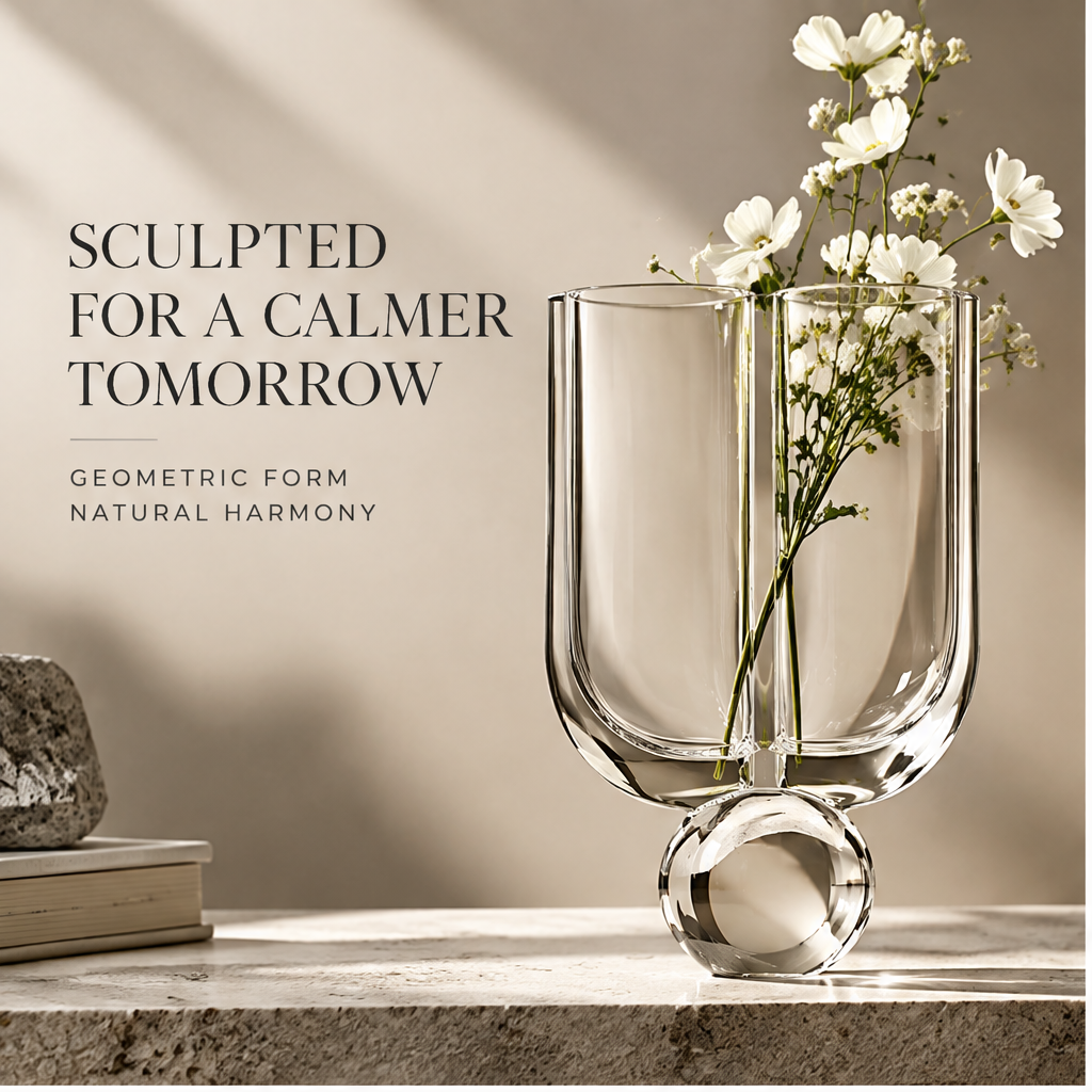 FORMIQI twin-tube glass vase with white wildflowers, sculpted for a calmer tomorrow