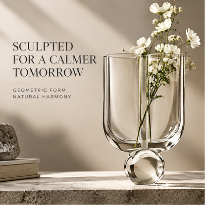 FORMIQI twin-tube glass vase with white wildflowers, sculpted for a calmer tomorrow