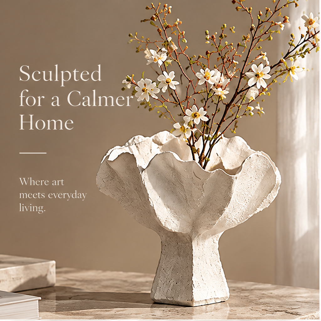 FORMIQI white sculptural vase styled with spring branches on stone plinth