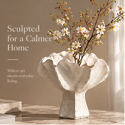 FORMIQI white sculptural vase styled with spring branches on stone plinth