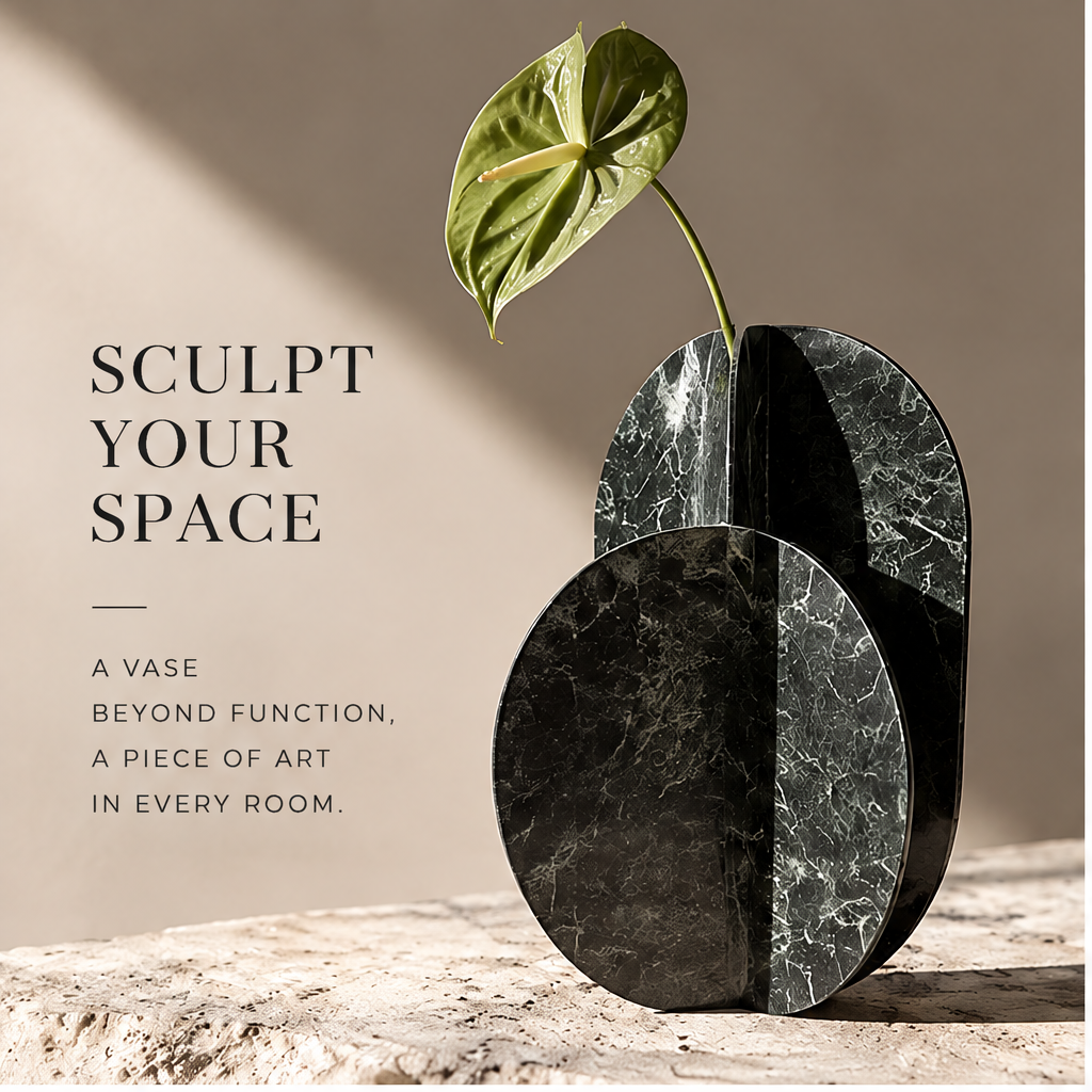 FORMIQI green marble dual-disc vase elevate the everyday, styled with anthurium on stone plinth