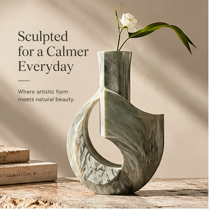 FORMIQI sage green marble loop vase styled with white flower and stone, warm light