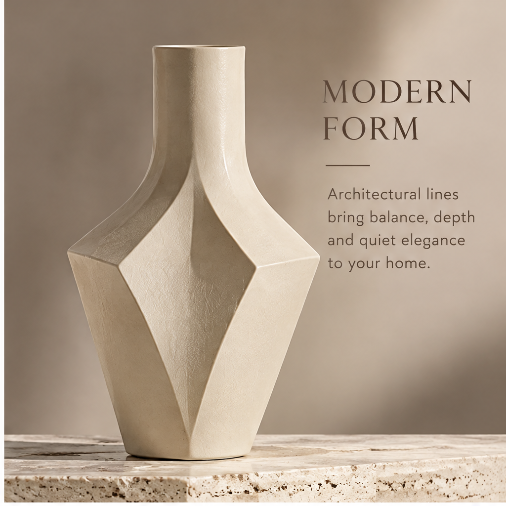 FORMIQI diamond-facet vase modern form view on travertine surface in warm light