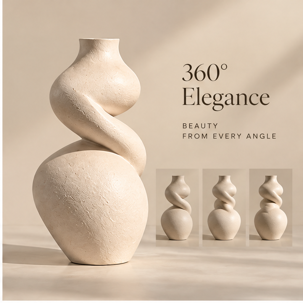 FORMIQI ivory sculptural vase with white flowers in warm natural light