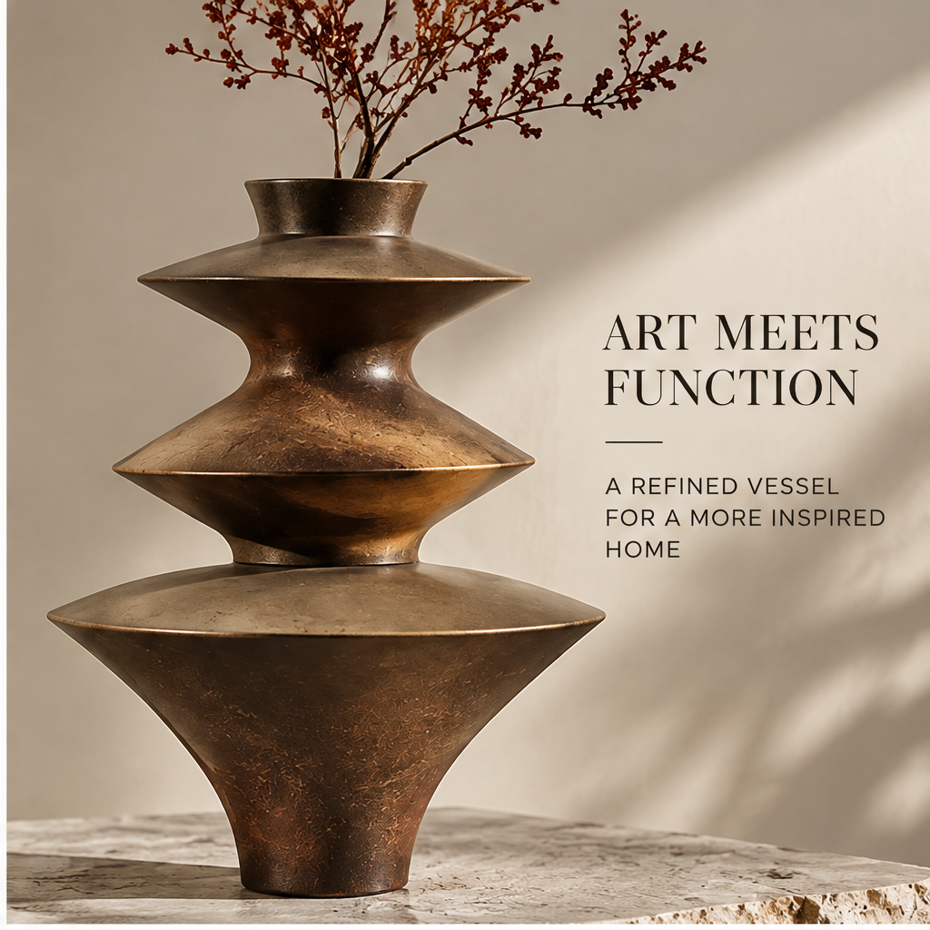 FORMIQI antique bronze vase art meets function view with dried branches in warm light