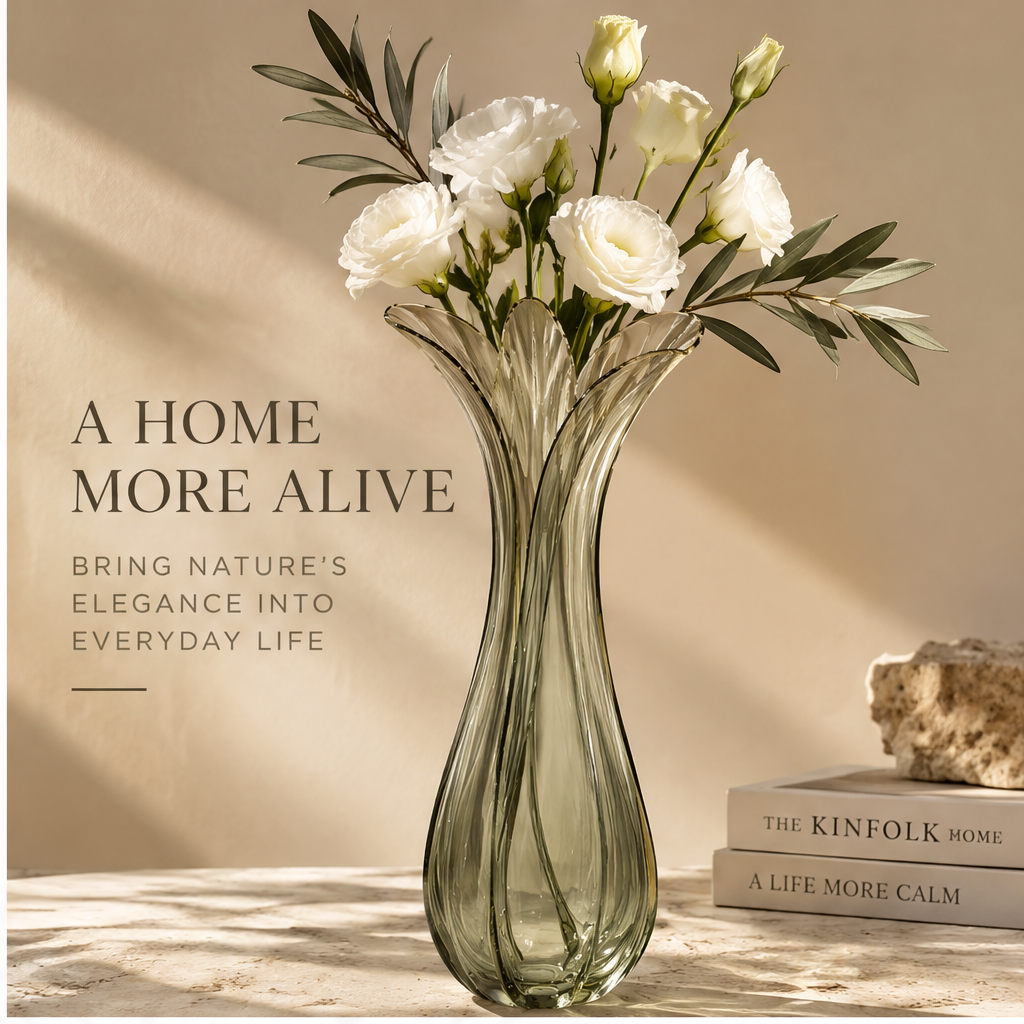 FORMIQI olive glass vase timeless proportion diagram showing 30cm height and 14cm width, elegant in form perfect in details