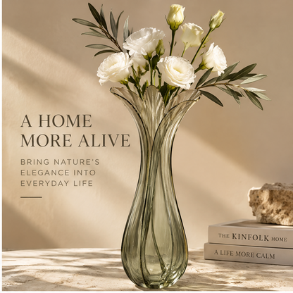 FORMIQI olive glass vase timeless proportion diagram showing 30cm height and 14cm width, elegant in form perfect in details