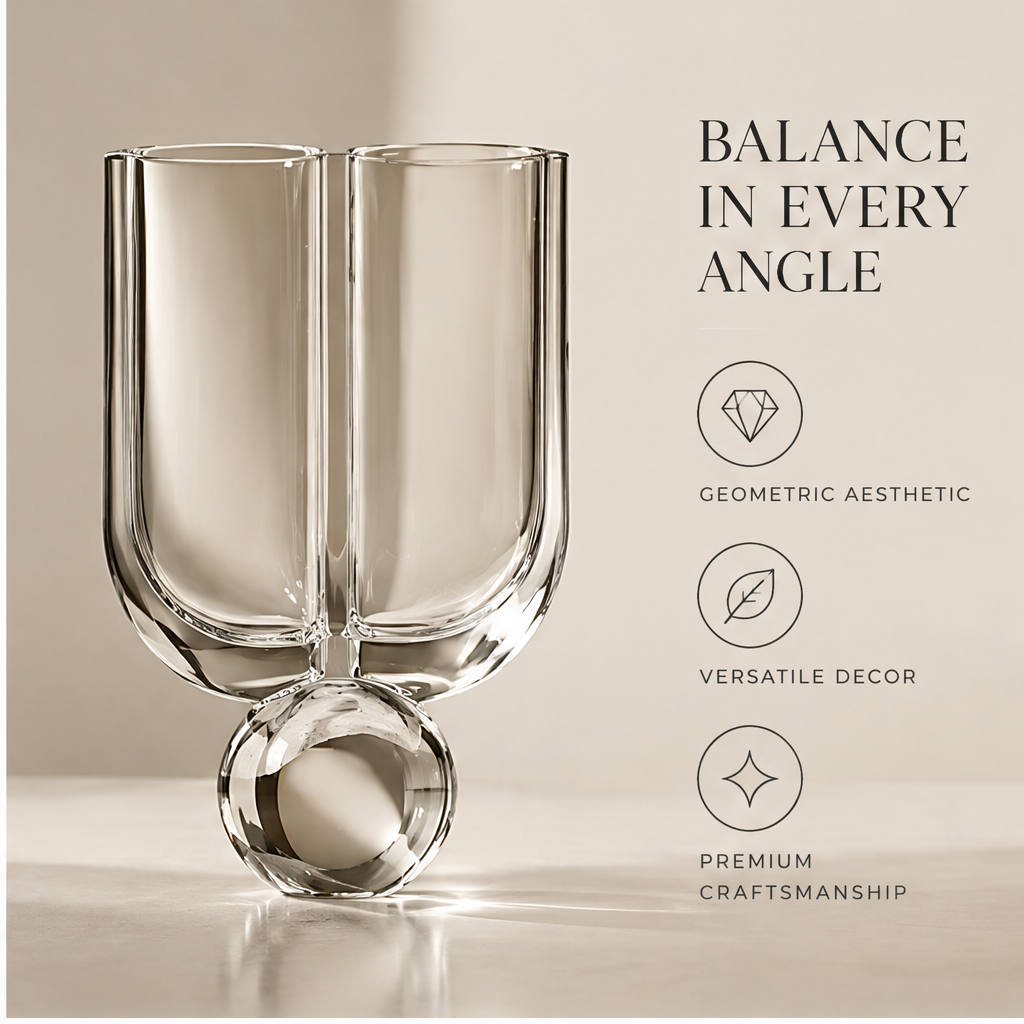 FORMIQI crystal glass vase balance in every angle view on reflective surface