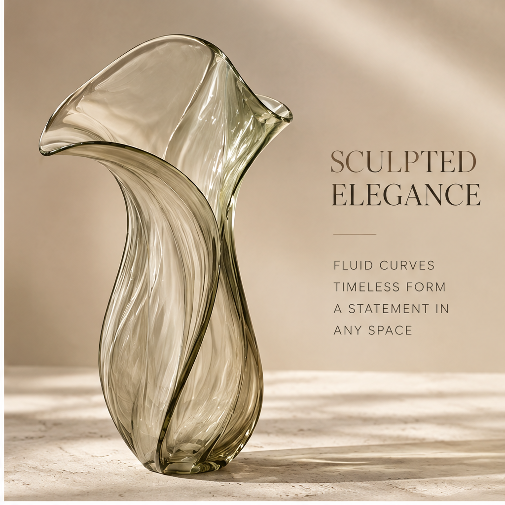 FORMIQI olive glass vase sculpted elegance, fluid curves and timeless form on marble surface in warm light