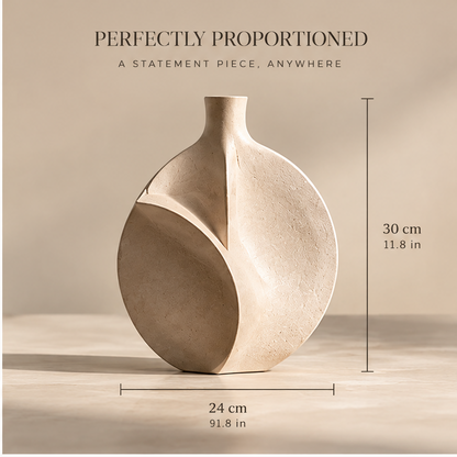 FORMIQI sculptural vase styled in warm interior with sofa, quiet living scene