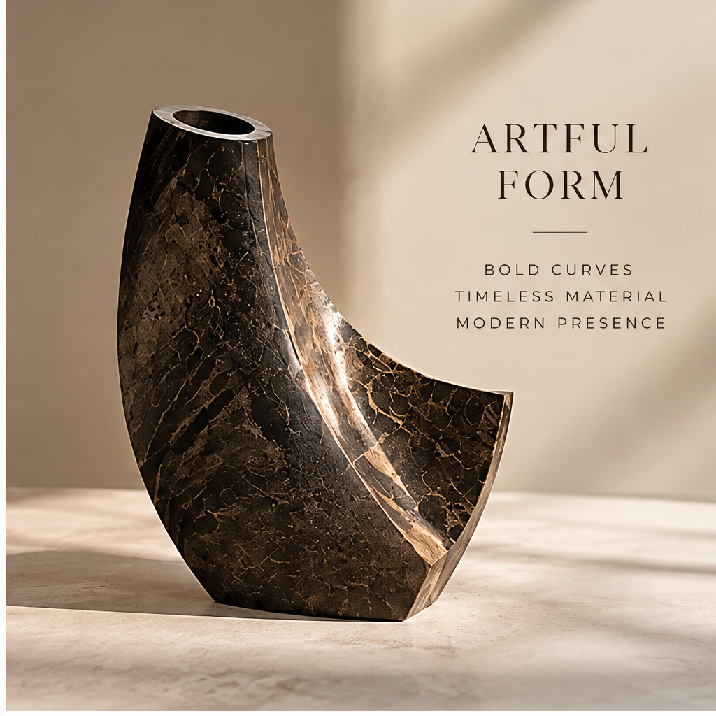 FORMIQI black marble crescent vase showing sculptural beauty with lotus flower