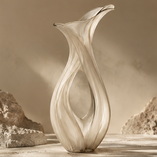 FORMIQI smoke grey fluid-twist glass vase variant on stone surface with warm light