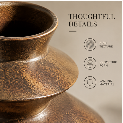 FORMIQI bronze geometric vase sculptural from every angle, lying flat showing rich texture
