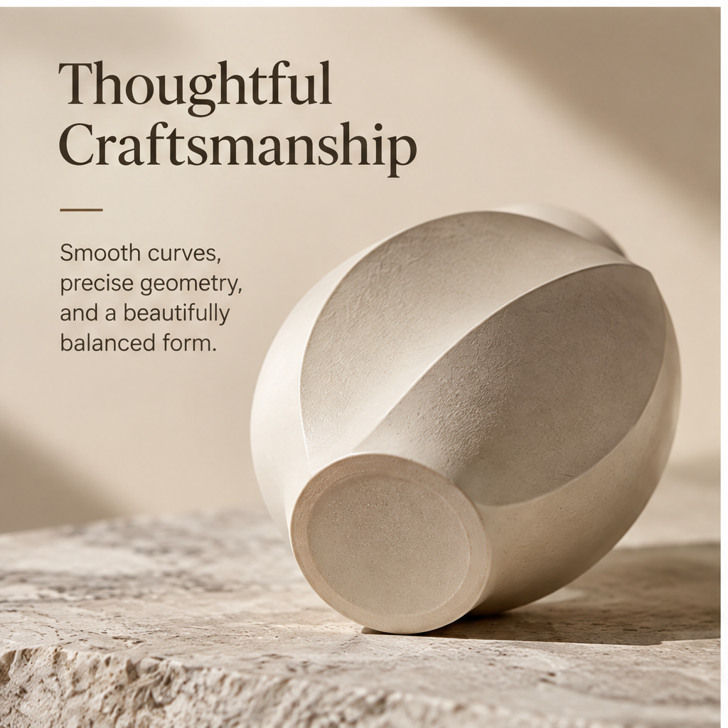 FORMIQI ceramic spiral vase thoughtful craftsmanship, lying on stone showing balanced form