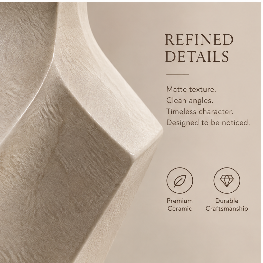 FORMIQI geometric ceramic vase sculptural from every angle, lying flat showing opening