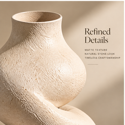 FORMIQI ivory twisted tower sculptural ceramic vase with white orchids on stone plinth