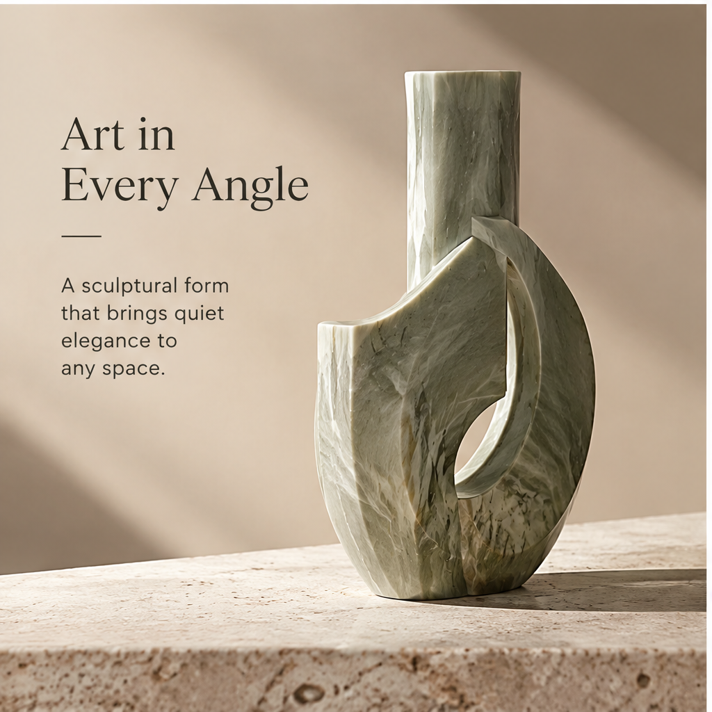 FORMIQI marble loop vase art in every angle view on travertine surface