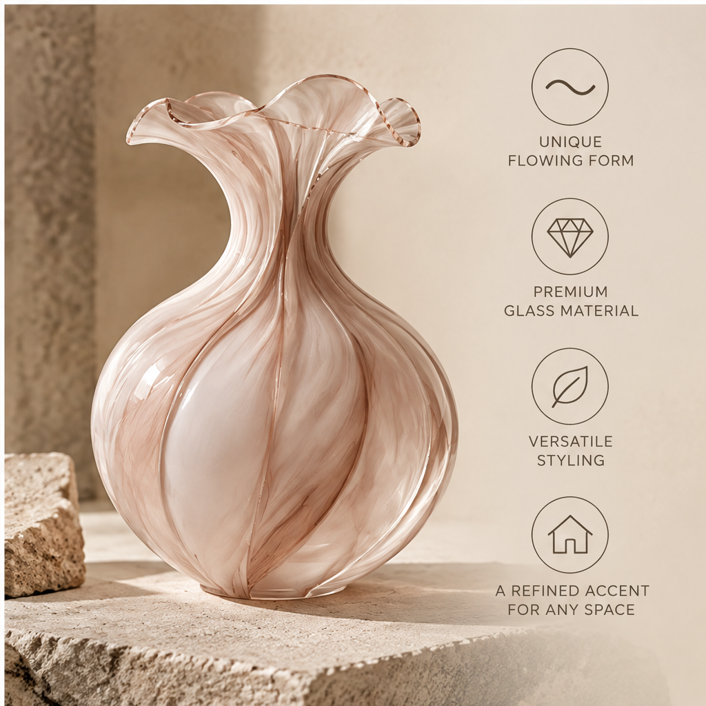 FORMIQI rose glass vase unique flowing form and premium glass material features on stone