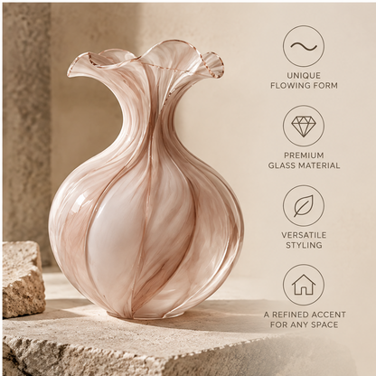 FORMIQI rose glass vase unique flowing form and premium glass material features on stone